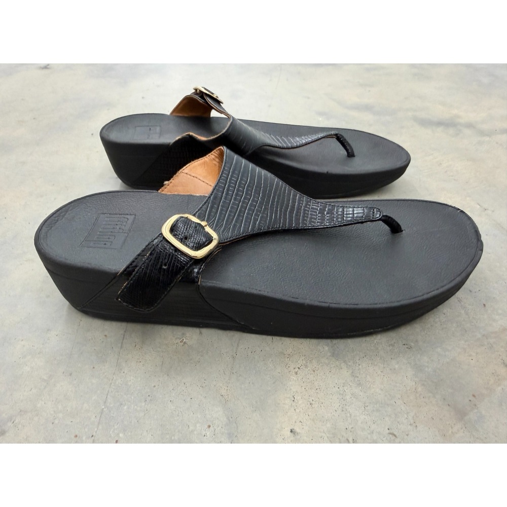 FitFlop The Skinny Sandals Womens US 8 Black Croc Leather Comfort Slide Thongs